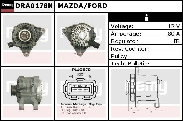 DELCO REMY Generator DRA0178N DRA0178N Generator DELCO REMY MAZDA 6