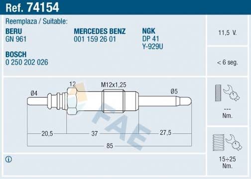 FAE Glühkerze 74154 Vorglühkerzen FAE Volkswagen PASSAT 74154