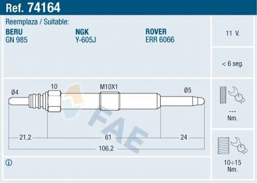 FAE Bougie de préchauffage 74164 FAE 74164 Bougie de chauffe diesel Land Rover Discovery 2 pas cher