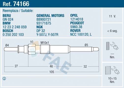 FAE Bougie de préchauffage 74166 74166 Bougie de préchauffage BMW Série 2 FAE