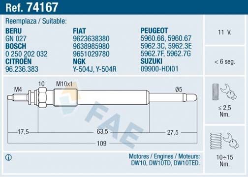 FAE Gloeibougie 74167 FAE Gloeibougie voor diesel HYUNDAI 74167
