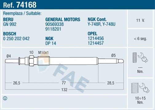 FAE Bougie de préchauffage 74168 Bougie de démarrage FAE K2500 74168 pas cher