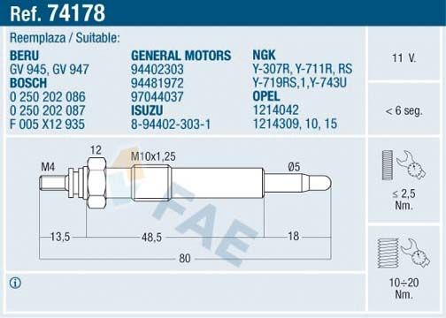 FAE Προθερμαντήρας 74178 FAE 74178 Προθερμαντήρας Opel Corsa A CC τιμες