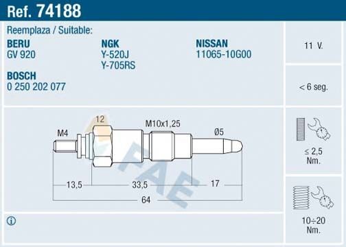 FAE Glow plug 74188 Dacia DUSTER FAE glow plugs 74188