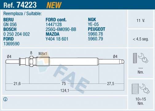 FAE Żeraviaca sviečka 74223 74223 Žhaviče FAE SEAT TOLEDO