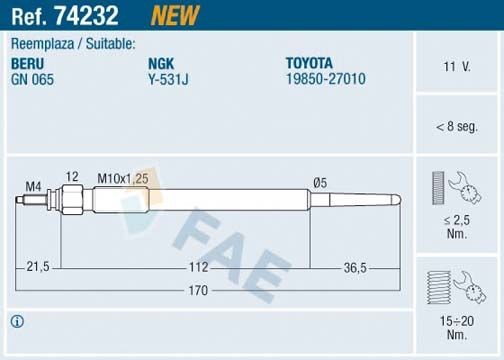 Eelsüüteküünlad FAE 74232 FAE 74232 Eelsüüteküünlad TOYOTA HIACE 2007