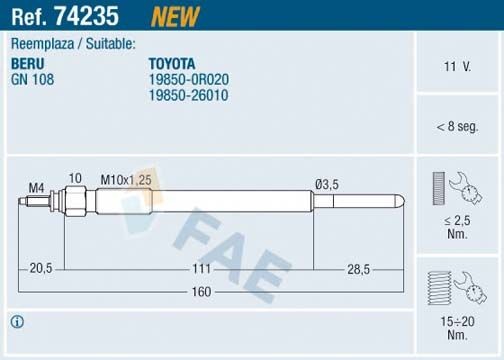 FAE Προθερμαντήρας 74235 74235 Προθερμαντήρας TOYOTA HIACE FAE