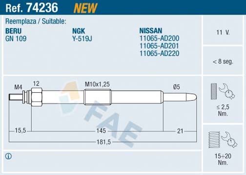 FAE Glödstift 74236 74236 FAE glödstift NISSAN 280 ZX,ZXT