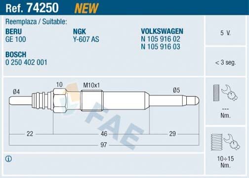 FAE Żeraviaca sviečka 74250 74250 Žeraviace sviečky SEAT TOLEDO FAE