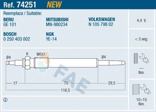 FAE Eelsüüteküünlad 74251 74251 Eelsüüteküünlad AUDI A4 FAE