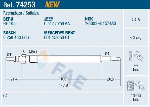 FAE Hehkutulppa 74253 CHRYSLER 300 hehkutulppa FAE 74253