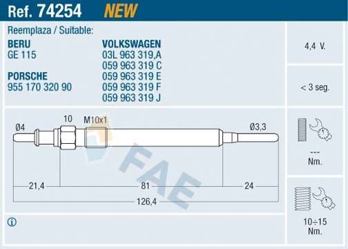 FAE Żeraviaca sviečka 74254 74254 Žhaviče SEAT TOLEDO FAE