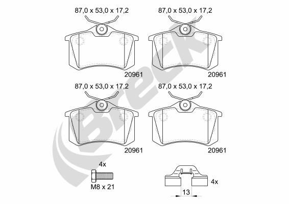 BRECK Brake pad set 20961 10 704 00 BRECK 20961 10 704 00 Brake pad set VW Transporter T4 Van (70A, 70H, 7DA, 7DH) 2.5 TDI 102 hp 1998