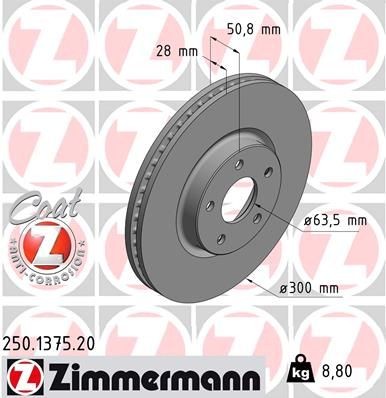 ZIMMERMANN Bromsskiva 250.1375.20 Byta Bromsskivor sport FORD Mondeo Mk5 Hatchback (CE) kostnad ZIMMERMANN 250.1375.20