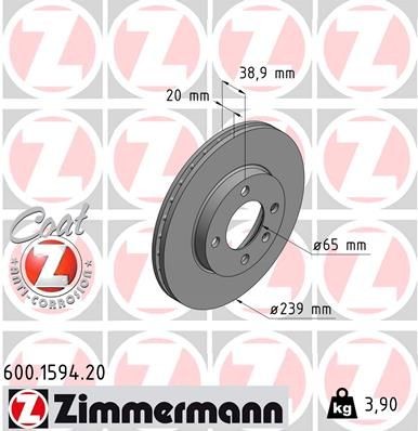 ZIMMERMANN Bromsskiva 600.1594.20 VW Passat B2 Sedan (32B) Bromsskivor ZIMMERMANN 600.1594.20