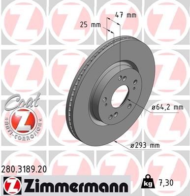Disco freno ZIMMERMANN 280.3189.20 ZIMMERMANN COAT Z 280.3189.20 costo Dischi freno Honda CIVIC 2018