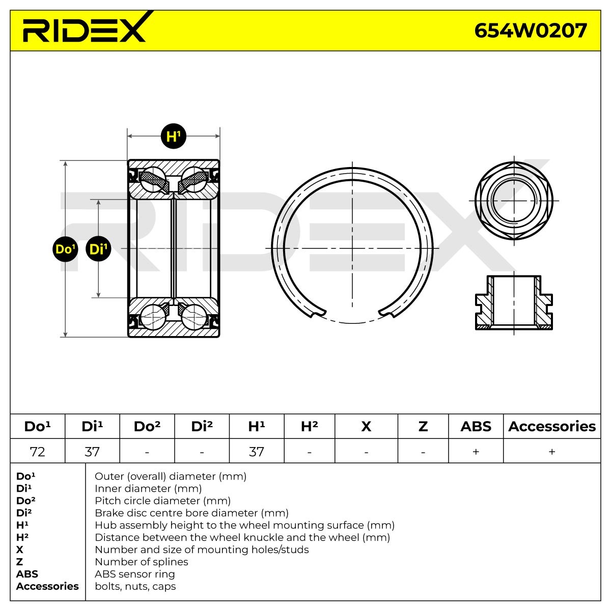 RIDEX Σετ ρουλεμάν τροχών 654W0207 Πλήμνη RIDEX Peugeot PARTNER 654W0207