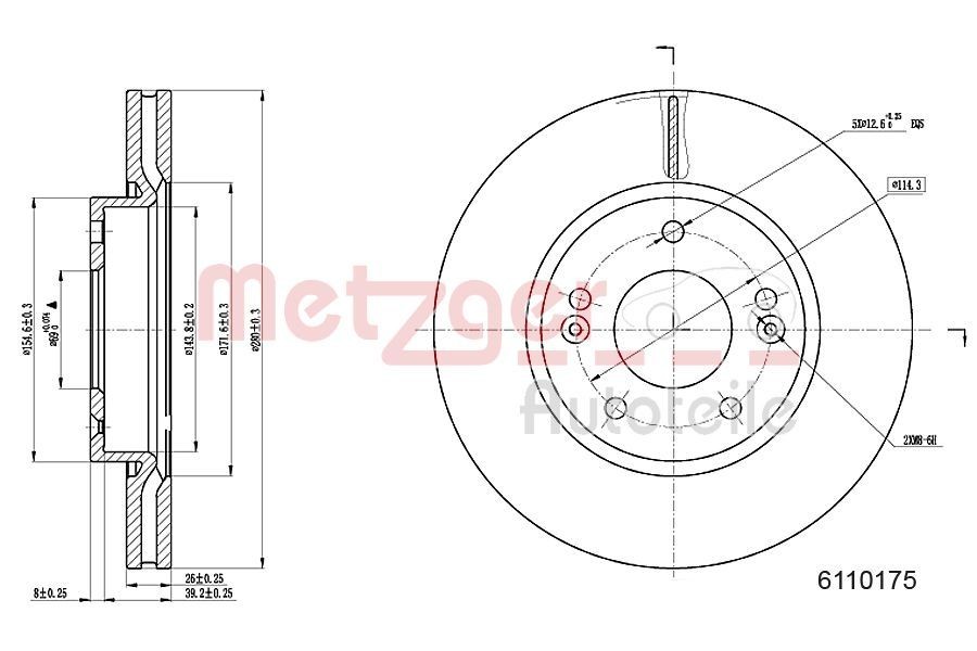 METZGER Bremžu diski 6110175 Bremžu disks METZGER Hyundai VELOSTER 6110175