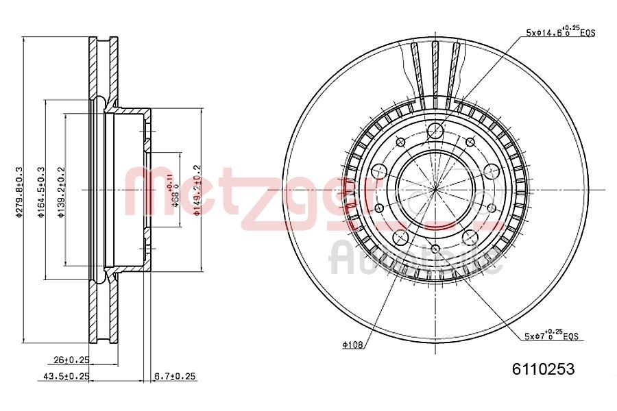 METZGER Brzdový kotouč 6110253 Kotúčové brzdy METZGER Volvo XC70 6110253