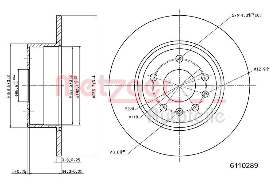 METZGER Bremseskive 6110289 Bremseskive METZGER Opel GRANDLAND X 6110289