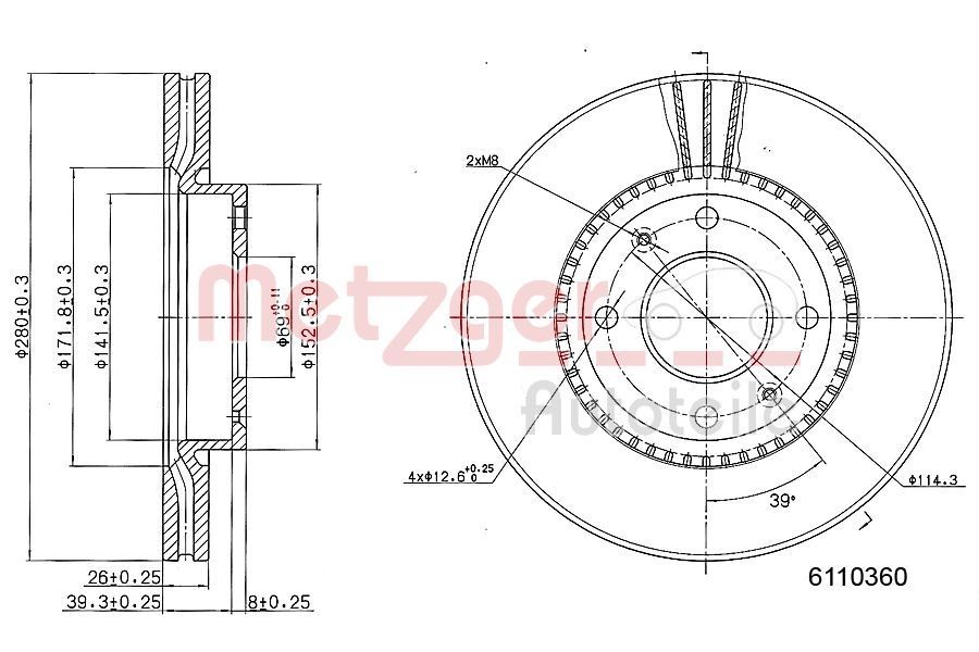 METZGER Bremžu diski 6110360 6110360 Diski HYUNDAI VELOSTER METZGER