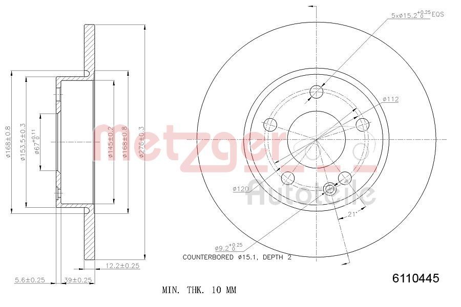 METZGER Remschijf 6110445 Mercedes-Benz CITAN Remschijf METZGER 6110445