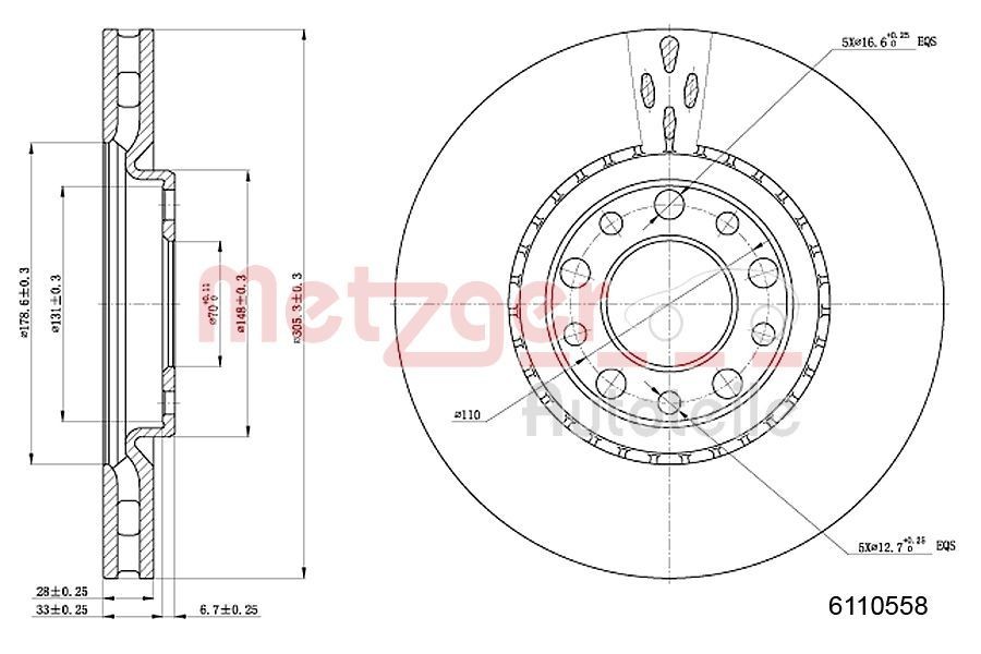 METZGER Bremseskive 6110558 Skiver METZGER Alfa Romeo 166 6110558