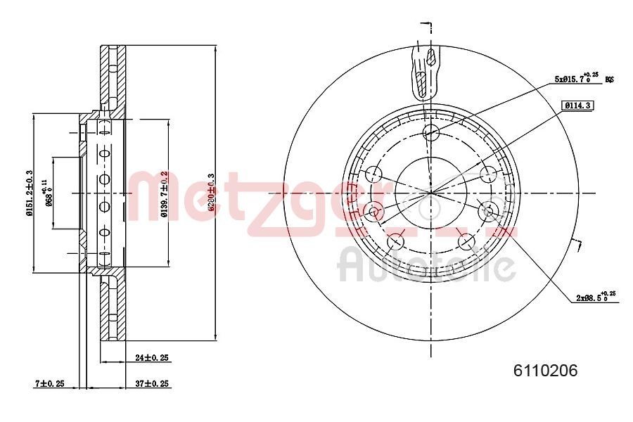 METZGER Bremseskive 6110206 Bremseskive METZGER Renault CLIO 6110206