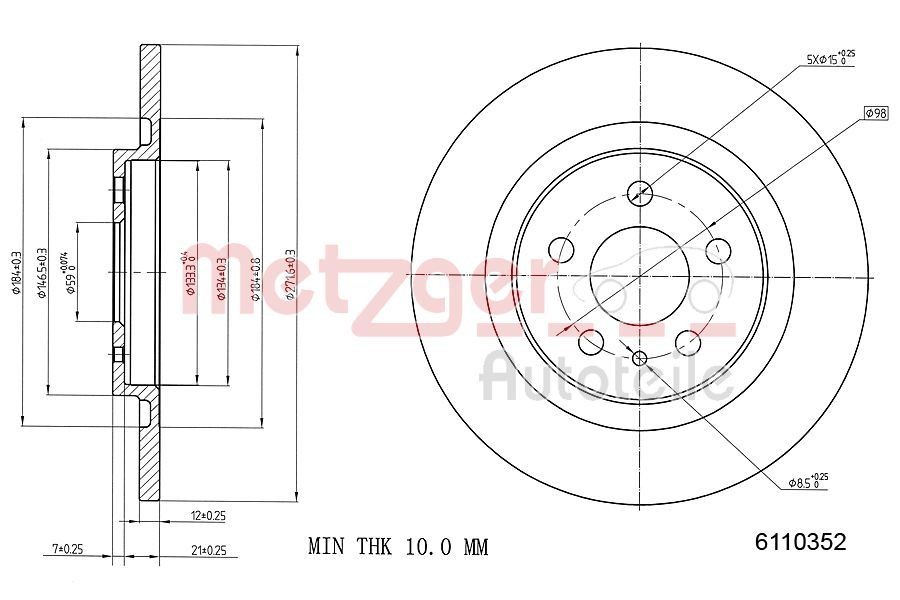 METZGER Bremseskive 6110352 Bremseskiver METZGER Citroën C5 6110352