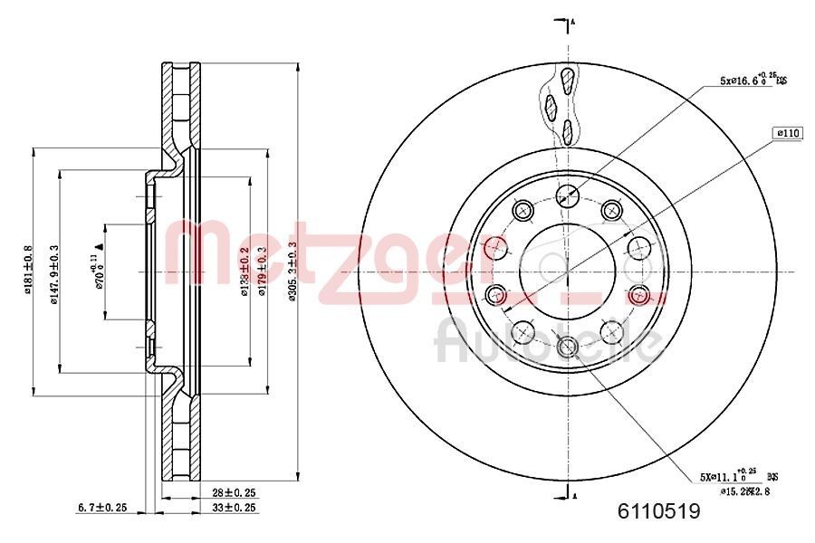 METZGER Bremseskive 6110519 Bremseskive METZGER Alfa Romeo 166 6110519