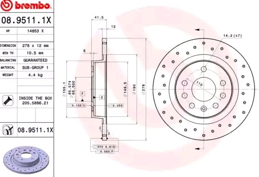 BREMBO Disco de travão 08.9511.1X preço Discos de travão desportivos SAAB 08.9511.1X BREMBO