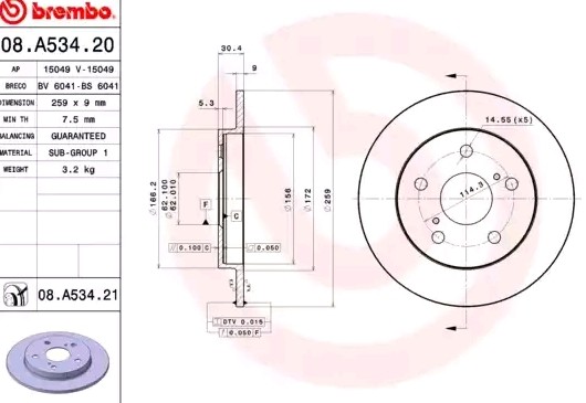 BREMBO Disque de frein 08.A534.21 BREMBO 08.A534.21 Disques de frein Toyota Auris e18 pas cher