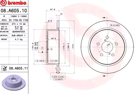 BREMBO Bromsskiva 08.A605.11 Byta Bromsskivor sport NISSAN URVAN pris BREMBO 08.A605.11