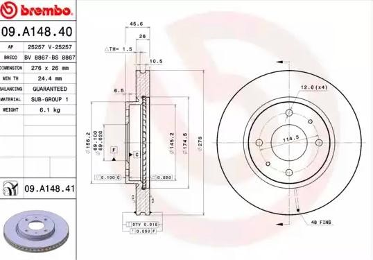 BREMBO Remschijf 09.A148.41 09.A148.41 Sportremschijven BREMBO MITSUBISHI SPACE STAR