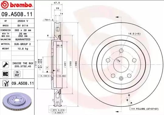 Disque de frein BREMBO 09.A508.11 BREMBO Prime 09.A508.11 Disques de frein CHEVROLET CAMARO 2010
