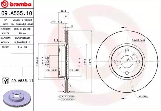 BREMBO Bromsskiva 09.A535.11 BREMBO 09.A535.11 Bromsskiva TOYOTA Yaris III Hatchback (XP150) 1.5 Dual VVTi Flex (NSP151_) 110 hk 2019