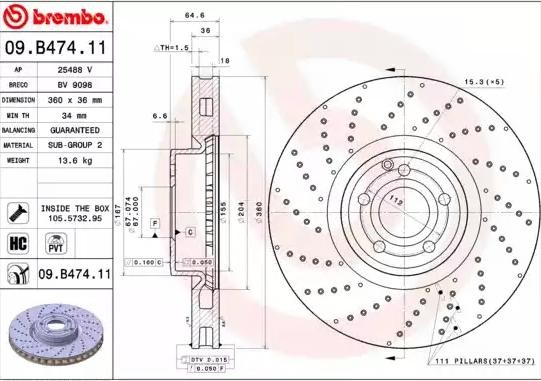 BREMBO Brake disc 09.B474.11 BREMBO 09.B474.11 Brake disc MERCEDES-BENZ SL Convertible (R231) 400 (231.465) 333 hp 2016