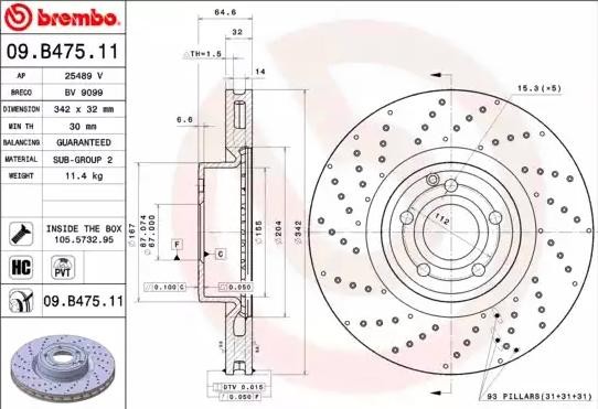 BREMBO Brake disc 09.B475.11 BREMBO 09.B475.11 Brake disc MERCEDES-BENZ SL Convertible (R231) 400 (231.465) 333 hp 2014