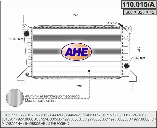 AHE Ψυγείο, ψύξη κινητήρα 110.015/A AHE 110.015/A Ψυγειο νερου Transit Mk3 Van (VE64) τιμες
