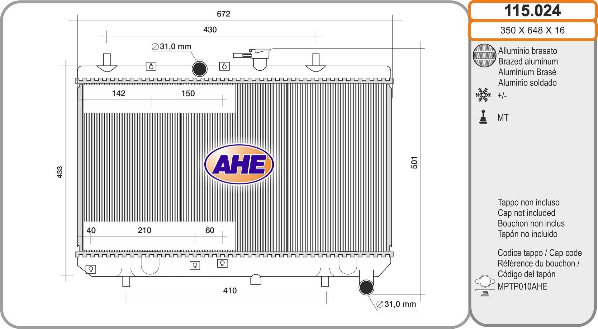 AHE Radiateur 115.024 115.024 Radiator KIA VENGA AHE