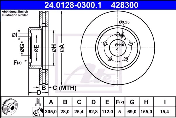 ATE Bremžu diski 24.0128-0300.1 24.0128-0300.1 Bremžu disks MERCEDES-BENZ 190 ATE