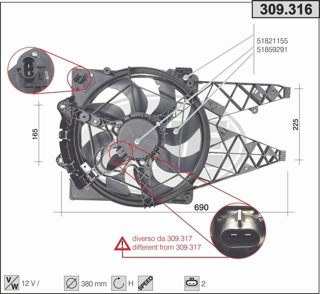 AHE Ventola radiatore 309.316 309.316 costo Ventola radiatore FIAT 500 AHE