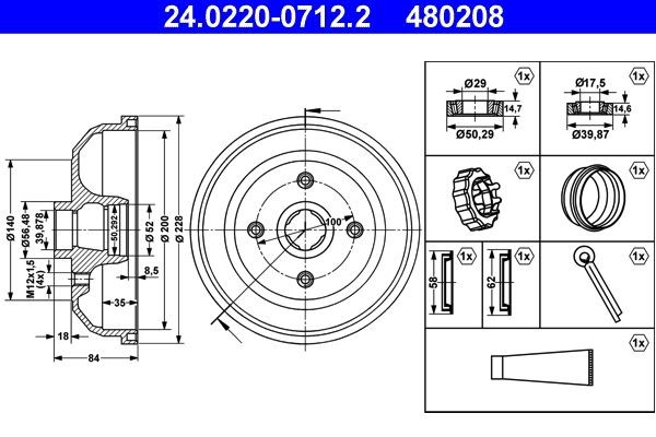 ATE Tambour de frein 24.0220-0712.2 24.0220-0712.2 Tambour de frein CHEVROLET TRANS SPORT ATE