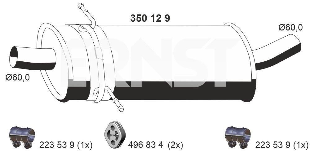 ERNST Midtre lydpotte 350129 ERNST 350129 Mellomlyddemper Sprinter 5-T Flatvogn lastebil/Chassis (W906) pris
