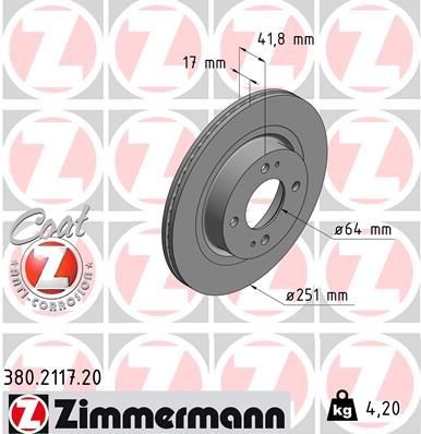 ZIMMERMANN Remschijf 380.2117.20 Mitsubishi COLT Sportremschijven ZIMMERMANN COAT Z 380.2117.20