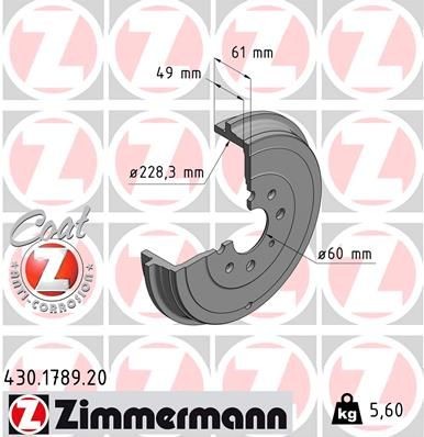 Bremsetrommel ZIMMERMANN 430.1789.20 ZIMMERMANN COAT Z 430.1789.20: Bremsetrommel Fiat GRANDE PUNTO 2011