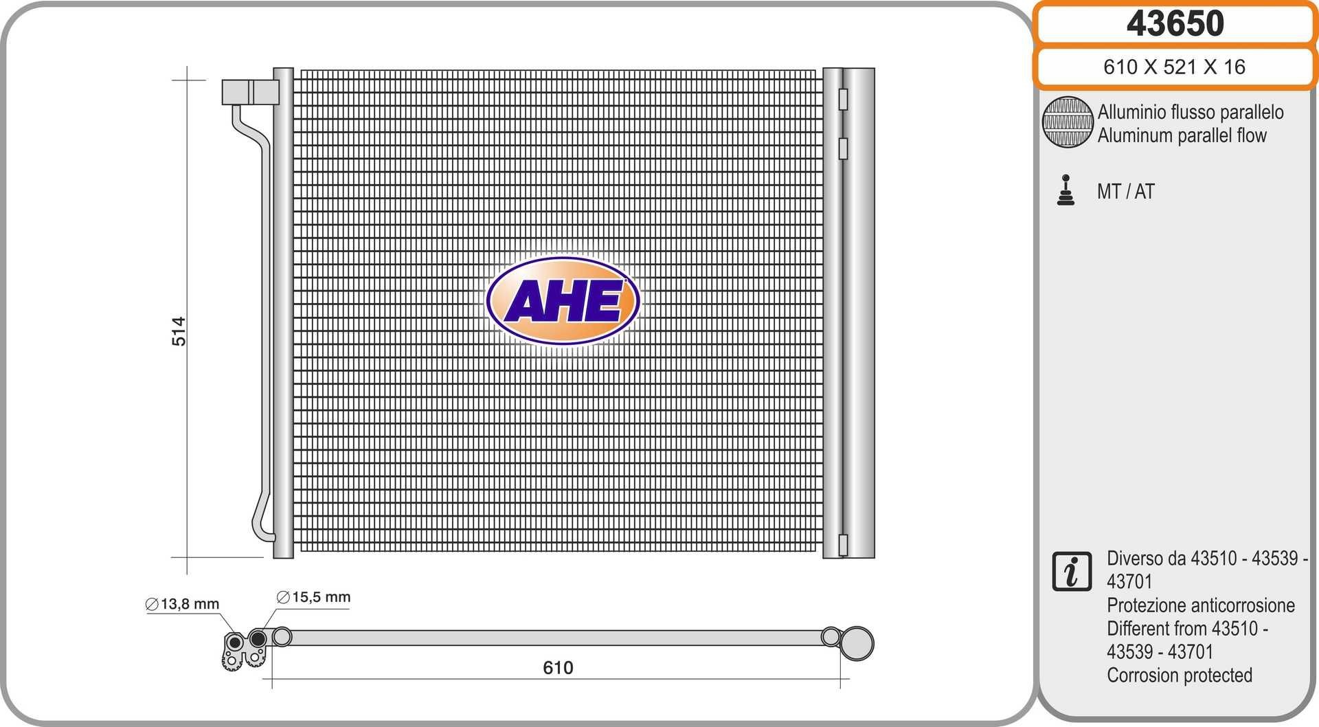 AHE Kondensator, klimaanlegg 43650 Radiator AC AHE BMW X6 43650