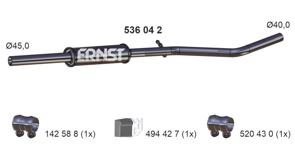 ERNST Vidējais izpl. gāzu trokšņa slāpētājs 536042 536042 Vidējais trokšņa slāpētājs DACIA DUSTER ERNST